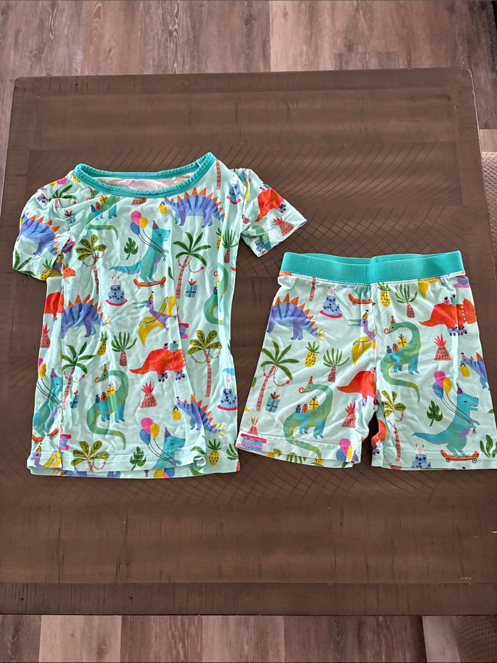 Little Sleepies Mint Green Short Sleeve Pajama Set with Colorful Dinosaurs